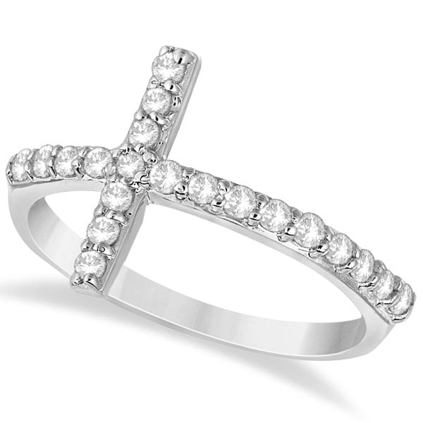 Modern Sideways Diamond Cross Fashion Ring in 14k White Gold 0.42ctw: CENTER STONE; Diamond CENTER STONE CLARITY; SI1-SI2 CENTER STONE COLOR; J-K CENTER STONE SETTING; Pave SIDE STONE CLARITY; SIDE STONE COLOR; SIDE STONE SETTING; ctw OF SIDE STONE: SIDE STONE QUALITY; 