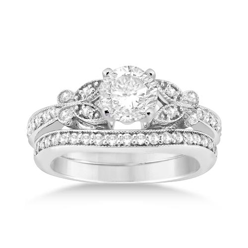 Butterfly Engagement Ring and Wedding Band Bridal Set 14k White Gold 1.42ct