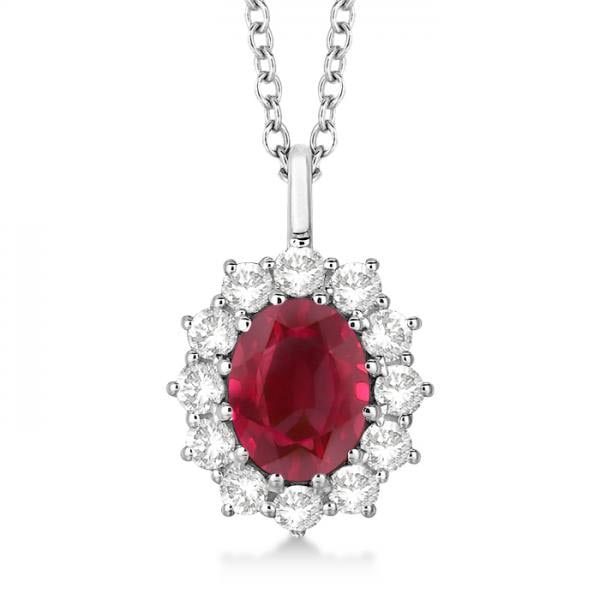 Oval Ruby and Diamond Pendant Necklace 14k White Gold 3.60ctw: CENTER STONE; Ruby CENTER STONE CLARITY; Eye Clean #SI CENTER STONE COLOR; Red CENTER STONE SETTING; Prong SIDE STONE CLARITY; SI1-SI2 SIDE STONE COLOR; J-K SIDE STONE SETTING; Prong ctw OF SIDE STONE