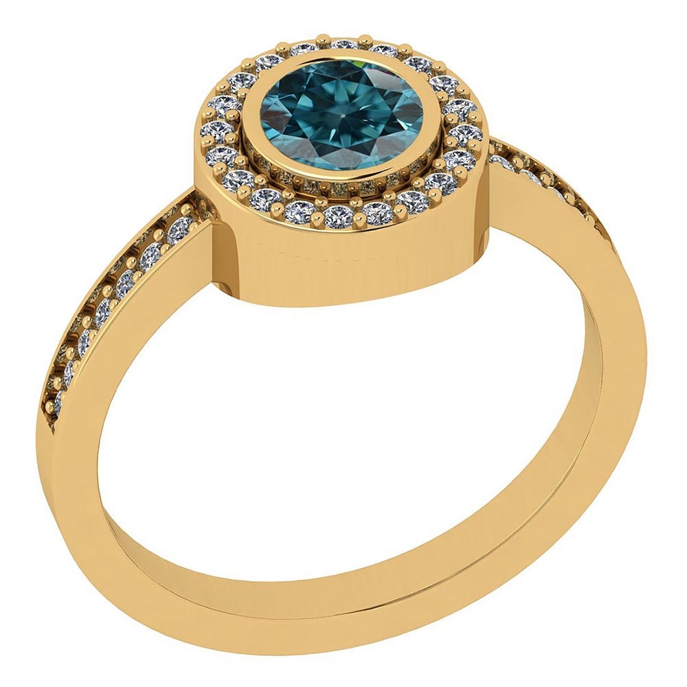 Certified 0.93 Ctw Treated Fancy Blue and White Diamond I1/I2 14k Yellow Go: Center Stone Approx Weight: 0.75 Ctw (1 pcs Round Cut) Center Stone Color: Treated Fancy Blue Diamond Center Stone Clarity: I1/I2 Center Stone Setting: Bezel Side Stone Approx Weight: 0.18 Ctw Side