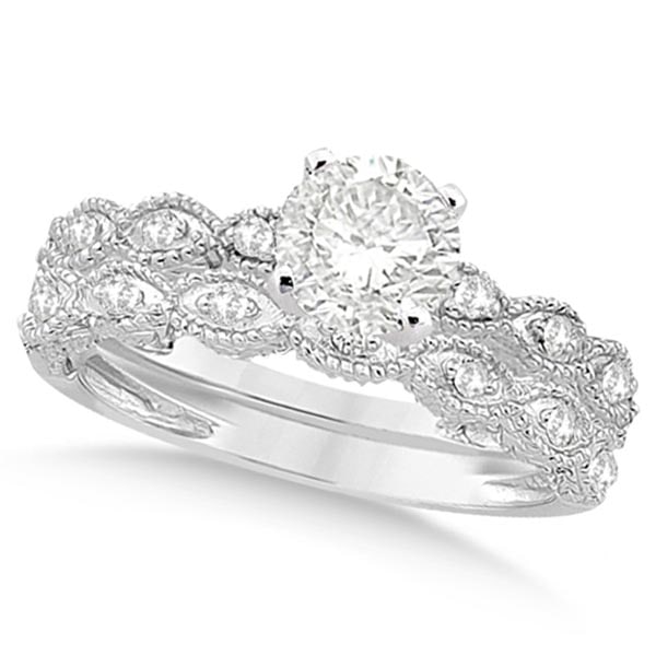 Petite Antique style-Design Diamond Bridal Set in 14k White Gold 1.23ctw