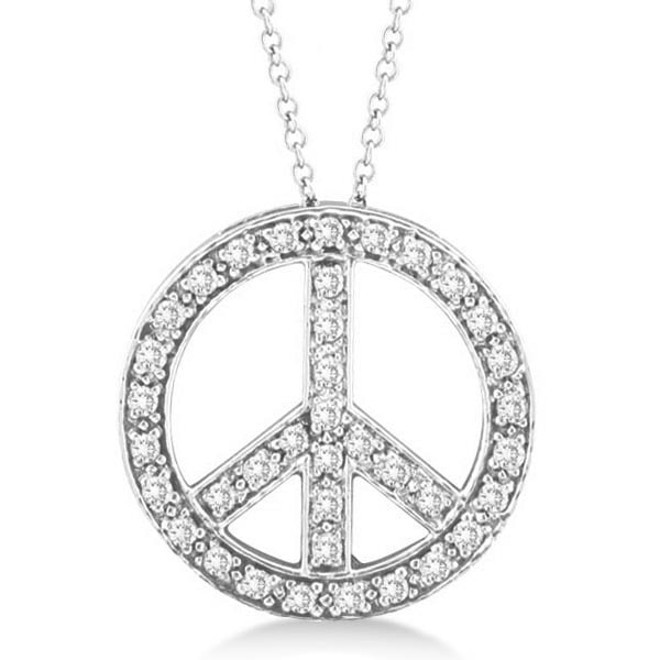 Diamond Peace Sign Pendant Necklace 14k White Gold 0.50ctw