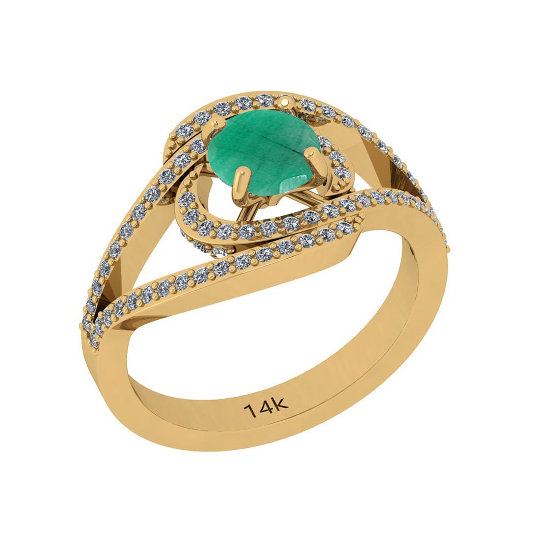 1.41 Ctw I2/I3 Emerald And Diamond 14k Yellow Gold Ring: Center Stone Weight ; 1.00 Ctw ( 1 Pec Round) Center Stone Color : Emerald Center Stone Setting ; Prong Side Diamond Weight of Ctw ; 0.41 ctw Side Diamond Color : J-K Side Stone Setting: Prong Side St