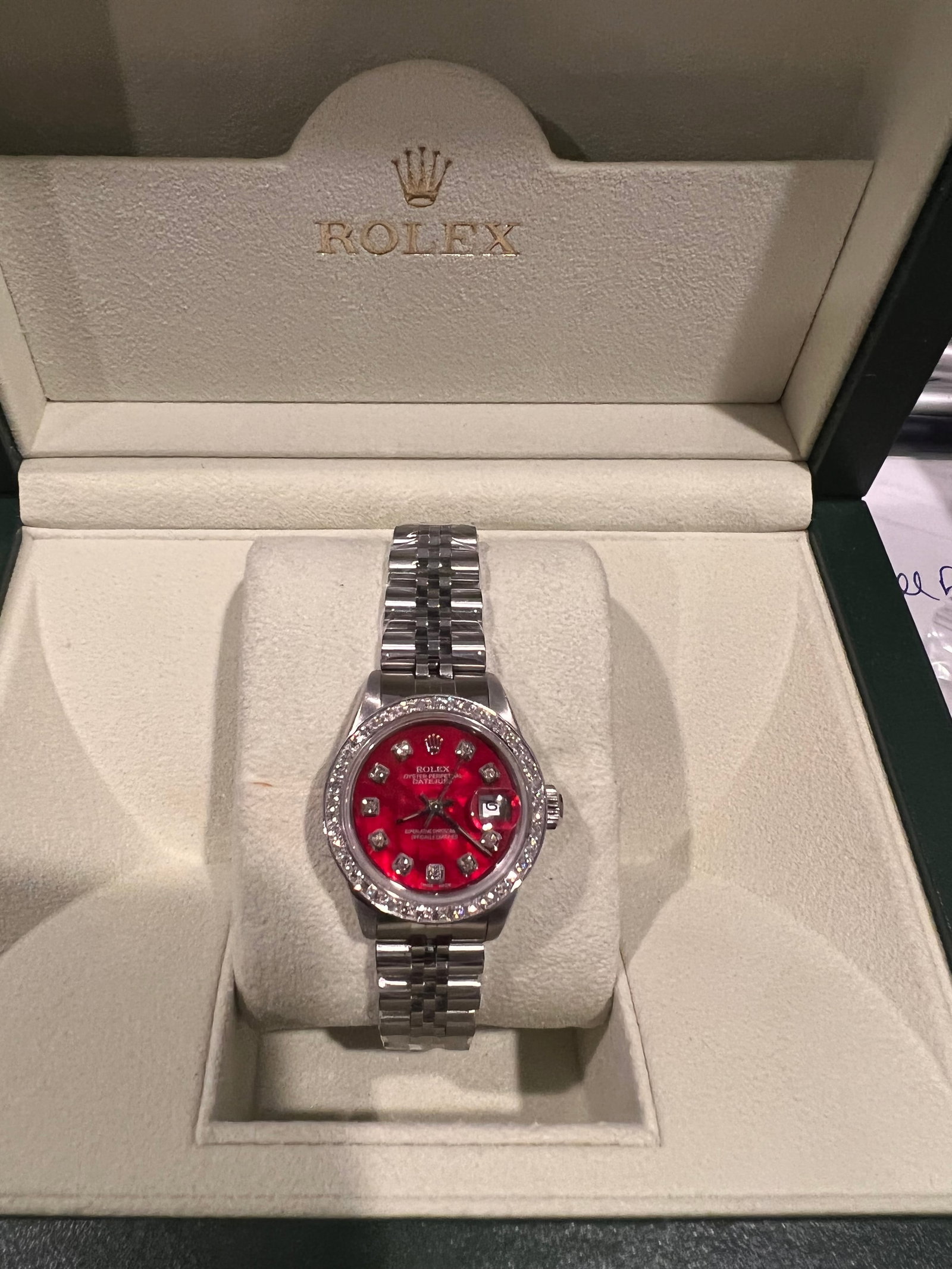 Custom 26mm Red Mother of Pearl Dial Rolex Datejust w/Diamond Bezel (G-H, S: Custom 26mm Red Mother of Pearl Dial Rolex Datejust w/Diamond Bezel (G-H, SI1-SI2) comes with Box & Papers #PAPPS20915v8