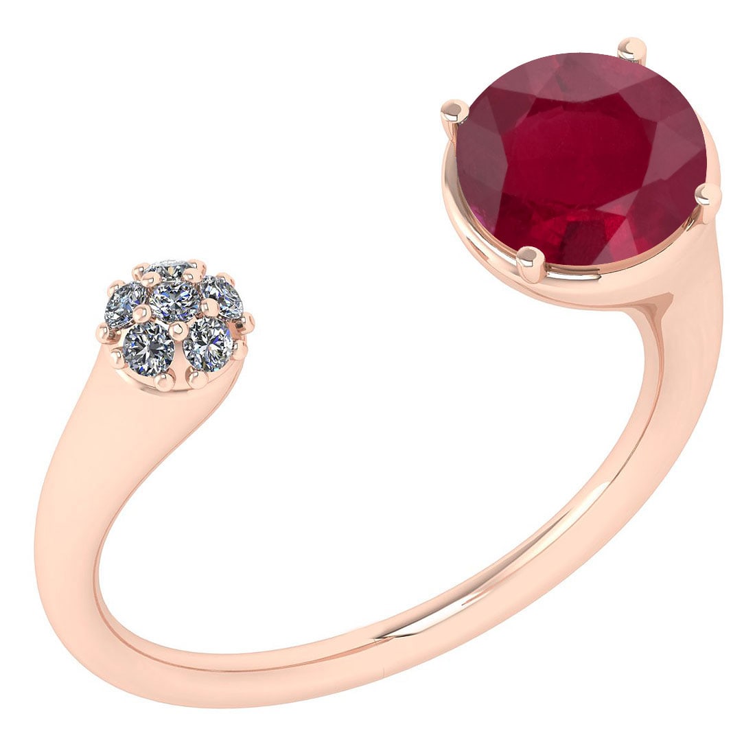 Certified 1.33 Ctw Ruby And Diamond Ladies Fashion Halo Ring 14K Rose Gold: Center Stone Weight ; 1.25 Ctw (1 Pcs Round) Center Stone Color: Ruby Center Stone Setting ; Prong Side Stone (6 Pcs Round Cut Diamond) 0.08 ctw Side Stone Color: White G-H Diamond Side Stone Setting: