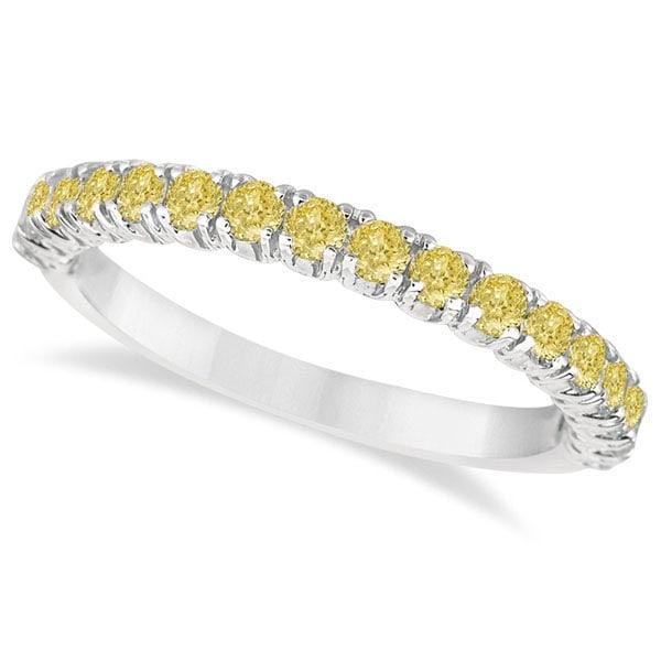 Half-Eternity Pave Yellow Diamond Stacking Ring 14k White Gold 0.75ctw: CENTER STONE; Diamond CENTER STONE CLARITY; SI1-SI2 CENTER STONE COLOR; Yellow CENTER STONE SETTING; Pave SIDE STONE CLARITY; SIDE STONE COLOR; SIDE STONE SETTING; ctw OF SIDE STONE: SIDE STONE QUALIT