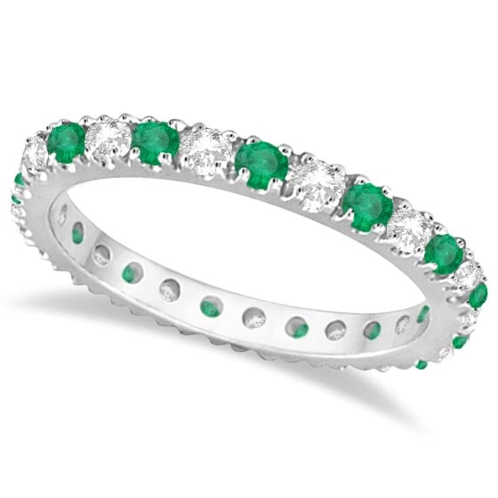 Diamond and Emerald Eternity Ring Stackable Band 14K White Gold 0.64ctw: CENTER STONE; Emerald CENTER STONE CLARITY; CENTER STONE COLOR; Green CENTER STONE SETTING; Prong SIDE STONE CLARITY; SI SIDE STONE COLOR; J-K SIDE STONE SETTING; Prong ctw OF SIDE STONE: 0.25 SIDE