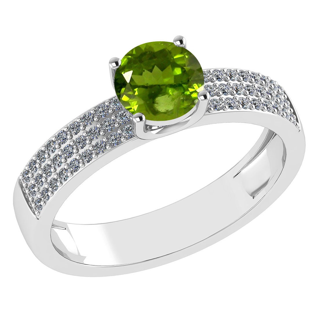Certified 0.97 Ctw Peridot And Diamond 18k White Gold Ring (G-H VS/SI1): Center Stone Weight ; 0.75 Ctw (1 Pcs Round) Center Stone: Peridot Center Stone Setting ; Prong Side Stone (1.mm 54 Pcs Round Diamond) 0.27 ctw Side Stone Color: White G-H Diamond Side Stone Setting: 