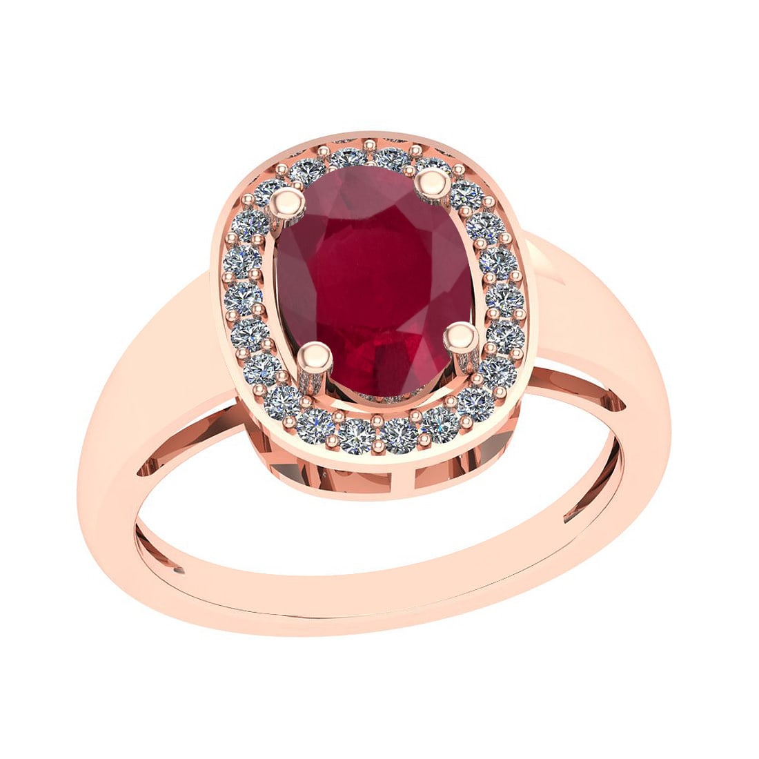 2.22 Ctw VS/SI1 Ruby And Diamond 14K Rose Gold Vintage Style Ring: Center Stone Weight: 2.00 Ctw Oval Cut Center Stone Color: Ruby Center Stone Setting: Prong Side Stone 0.22 Ctw Side Stone Color: J-K Stone Clarity: VS/SI1 Stone Setting: Prong Metal Weight: 2.80