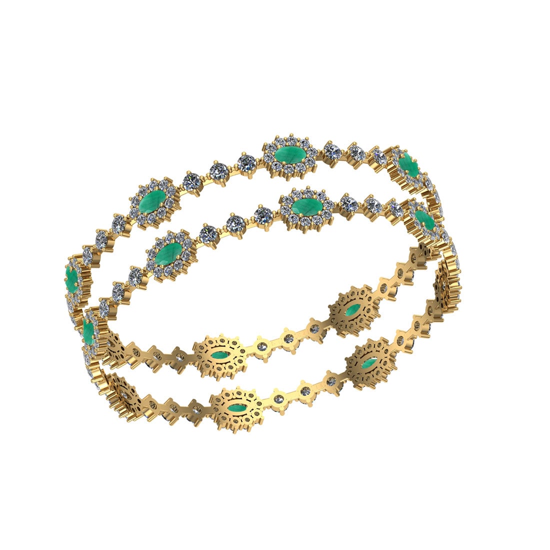 13.80 Ctw SI2/I1 Emerald And Diamond 14K Yellow Gold Bangle: Center Stone Weight : 4.50 Ctw ( Oval Cut ) Center Stone Color : Emerald Center Stone Setting : Prong Side Stone Weight Of Ctw 9.30 Ctw Side Stone Color : White J-K Diamond Stone Clarity : SI2/I1 Ston