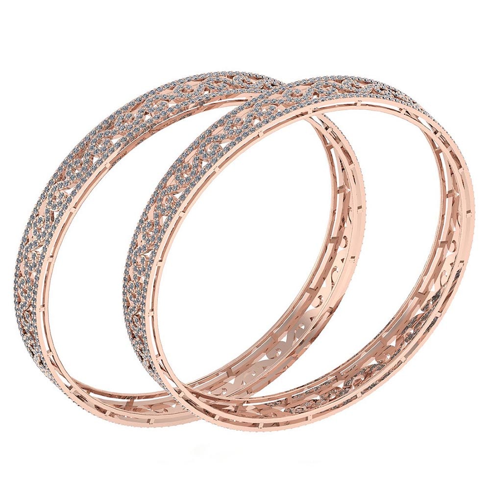Certified 9.02 Ctw Diamond VS/SI1 Bangles 14K Rose Gold Made In USA: Center Stone Approx Weight: 9.02 Ctw (1128 Pcs Round) Center Stone Color: White G-H Diamond Stone Clarity: VS/SI1 Stone Setting: Pave Metal Approx Weight: 32.10 Gram Bangles Size: 57 mm 224 Inches