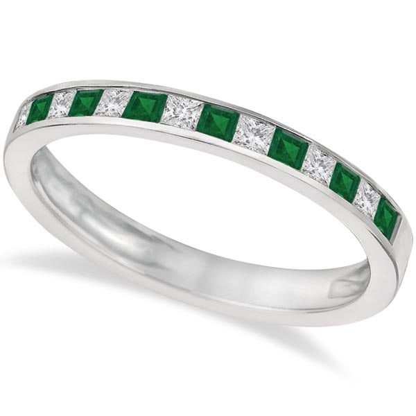 Channel Set Diamond and Emerald Ring Band 14k White Gold 0.60ctw: CENTER STONE 0.29 Ctw ; Diamond CENTER STONE CLARITY; SI CENTER STONE COLOR; J-K CENTER STONE SETTING; Channel SIDE STONE CLARITY; SIDE STONE COLOR; Green SIDE STONE SETTING; Channel ctw OF SIDE STONE