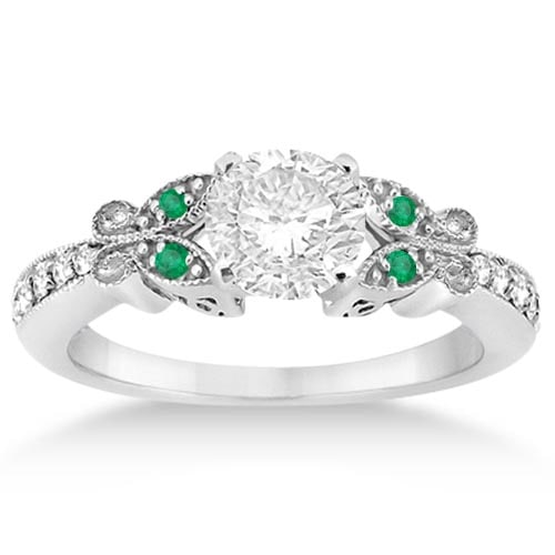 Butterfly Diamond and Emerald Engagement Ring 14k White Gold 1.20ctw