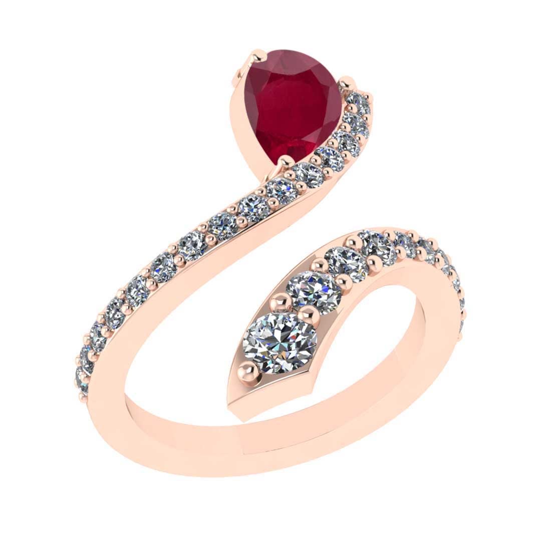 1.51 Ctw SI2/I1 Ruby and Diamond 14K Rose Gold Engagement Halo Ring: Center Stone Weight : 0.50 Ctw ( Pear Cut) Center stone Color :-Ruby Setting : Prong Side Weight Of Ctw 1.01 Ctw Color : J-K Clarity : SI2/I1 Stone Setting : Prong Metal Weight : Approx 4.80 gram 14K 
