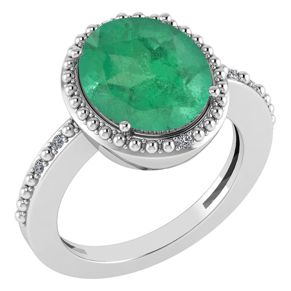 Certified 2.56 Ctw Emerald And Diamond Halo Ring 14K White Gold: Center Stone Weight Approx ; 2.50 Ctw (1 Pcs Oval) Center Stone Color: Emerald Center Stone Setting ; Prong Side Stone (6 Pcs Round Cut Diamond) 0.06 ctw Side Stone Color: White G-H Diamond Side Stone