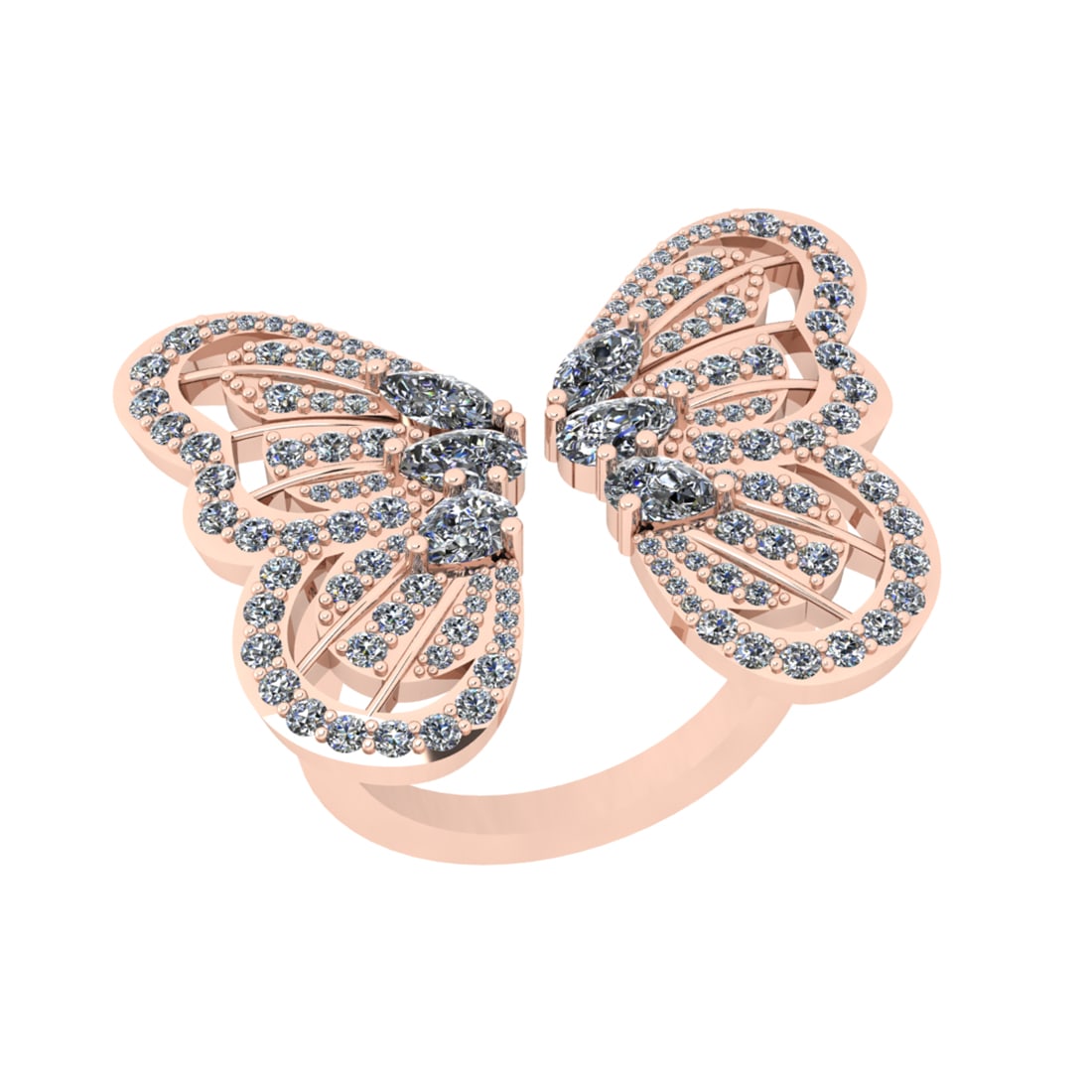 2.80 Ctw SI2/I1 Diamond 14K Rose Gold Butterfly Engagement Ring: Center Stone Weight : 1.70 Ctw (Pear,Marquise, Cut ) Center Stone Color : J-K Center Stone Clarity : SI2/I1 Center Stone Setting : Prong Side Stone Weight Of Ctw 1.10 Ctw Side Stone Color : J-K Stone 
