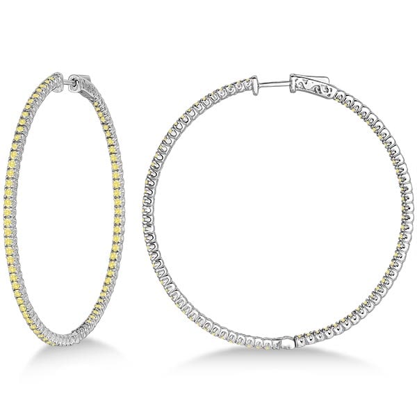 X-Large Yellow Canary Diamond Hoop Earrings 14k White Gold 3.00ctw: CENTER STONE; Yellow Diamond CENTER STONE CLARITY; SI1-SI2 CENTER STONE COLOR; Yellow CENTER STONE SETTING; Prong SIDE STONE CLARITY; SIDE STONE COLOR; SIDE STONE SETTING; ctw OF SIDE STONE: SIDE STON