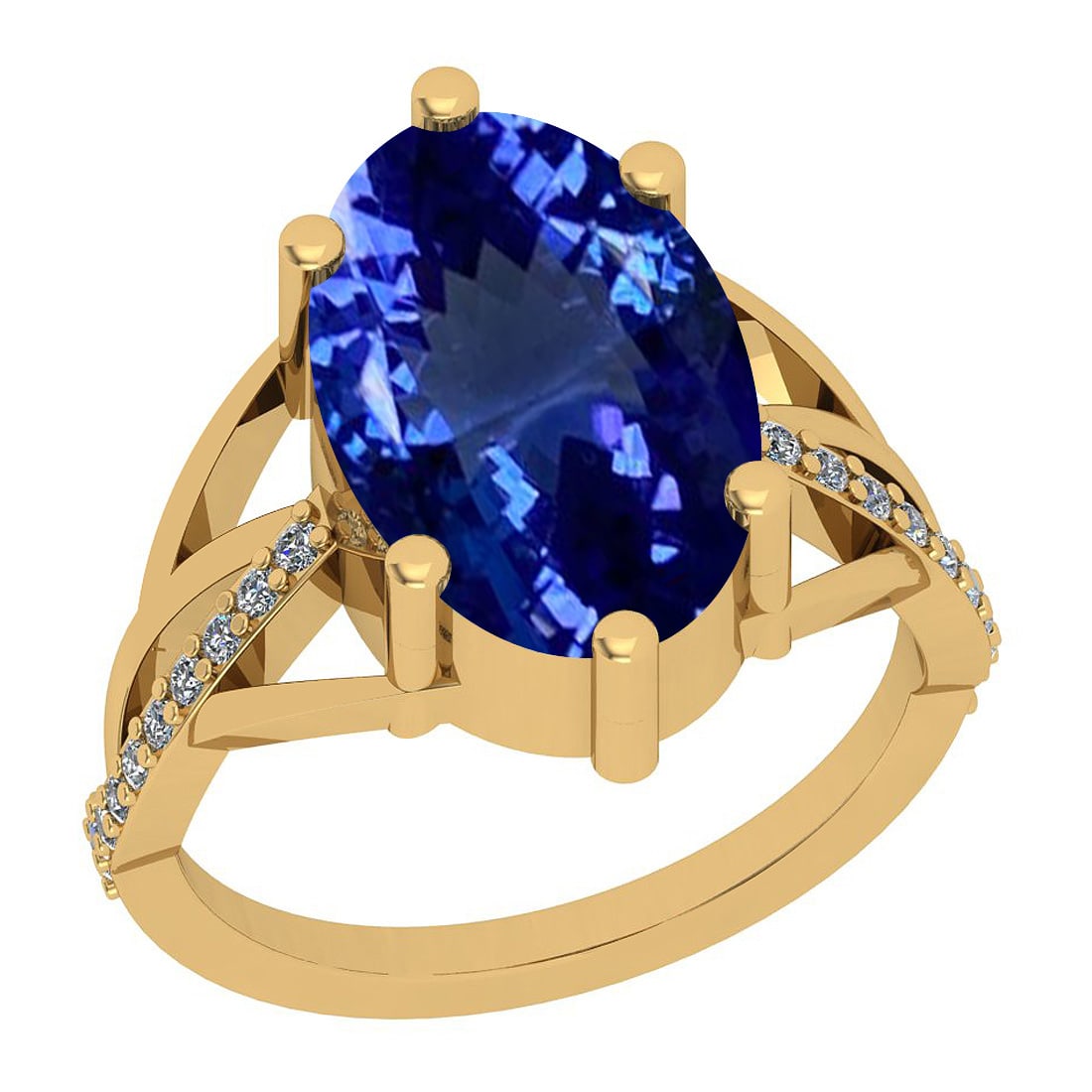 Certified 8.00 Ctw VS/SI1 Tanzanite And Diamond 14K Yellow Gold Ring: Center Stone Approx Weight: 7.84 Ctw (Oval Cut) Center Stone Color: Tanzanite Center Stone Setting: Prong Side Stone 0.16 Ctw Side Stone Color: J-K Stone Clarity: VS/SI1 Stone Setting: Prong Metal App