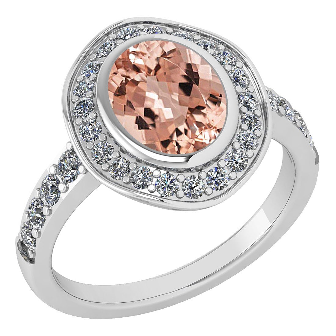 Certified 2.55 Ctw Morganite And Diamond Ladies Fashion Halo Ring 14K White: Center Stone Weight ; 2.00 Ctw (1 Pcs Oval) Center Stone Color: Morganite Center Stone Setting ; Prong Side Stone (29 Pcs Round Cut Diamond) 0.55 ctw Side Stone Color: White G-H Diamond Side Stone Set