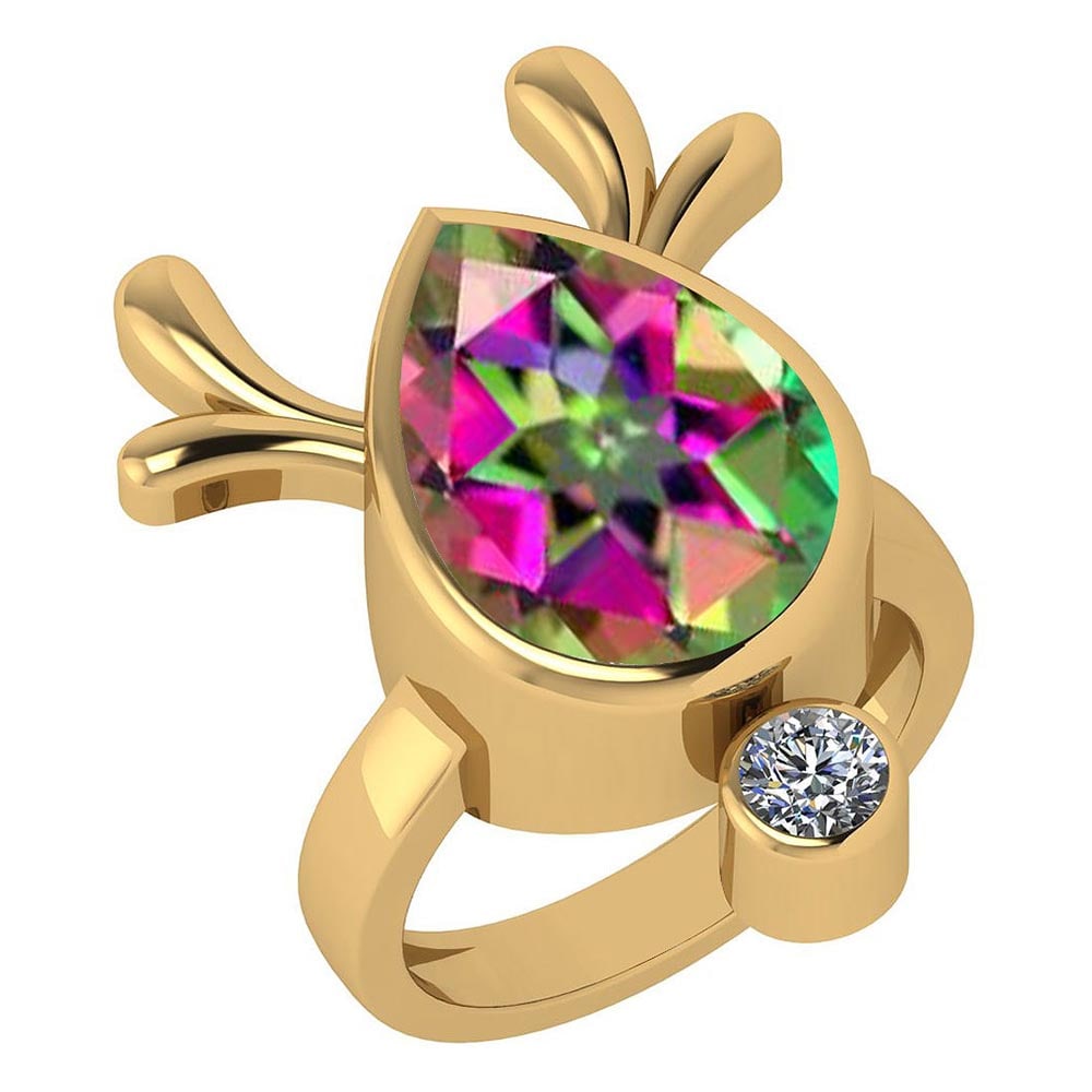 Certified 5.75 Ctw Mystic Topaz And Diamond Ladies Fashion Halo Ring 14k Ro: Center Stone Weight ; 5.50 Ctw (1 Pcs Pear) Center Stone Color: Mystic Topaz Center Stone Setting ; Prong Side Stone (1 Pcs Round Cut Diamond) 0.25 ctw Side Stone Color: White G-H Diamond Side Stone S