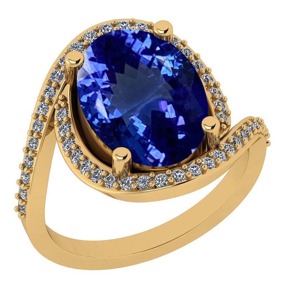 Certified 6.13 Ctw VS/SI1 Tanzanite and Diamond 14K Yellow Gold Vintage Sty: Color Stone Approx Weight: 5.77 Ctw (1 pcs Oval) Center Stone Color: Tanzanite Center Stone Setting: Prong Side Stone Approx Weight: 0.36 Ctw Side Stone Color: G-H Stone Clarity: VS/SI1 Stone Setting: