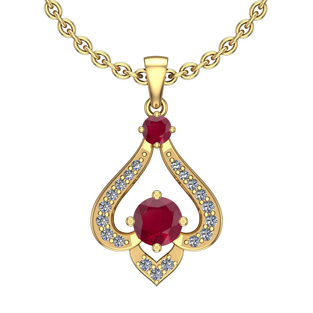 0.77 Ctw VS/SI1 Ruby And Diamond 14K Yellow Gold Vintage Style Necklace: Center Stone Weight: 0.60 Ctw Round Cut Center Stone Color: Ruby Center Stone Setting: Prong Side Stone 0.17 Ctw Side Stone Color: J-K Stone Clarity: VS/SI1 Stone Setting: Prong Metal Weight: 2.00 Gra