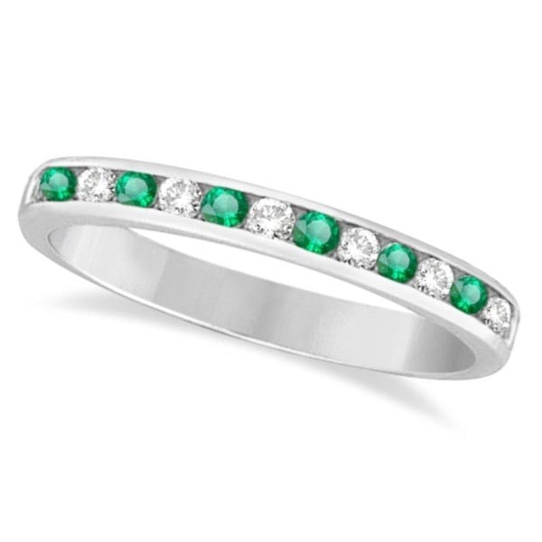 Channel-Set Emerald and Diamond Ring Band 14k White Gold 0.40ctw: CENTER STONE; Diamond CENTER STONE CLARITY; SI CENTER STONE COLOR; J-K CENTER STONE SETTING; Channel SIDE STONE CLARITY; SIDE STONE COLOR; Green SIDE STONE SETTING; Channel ctw OF SIDE STONE: 0.2 SIDE