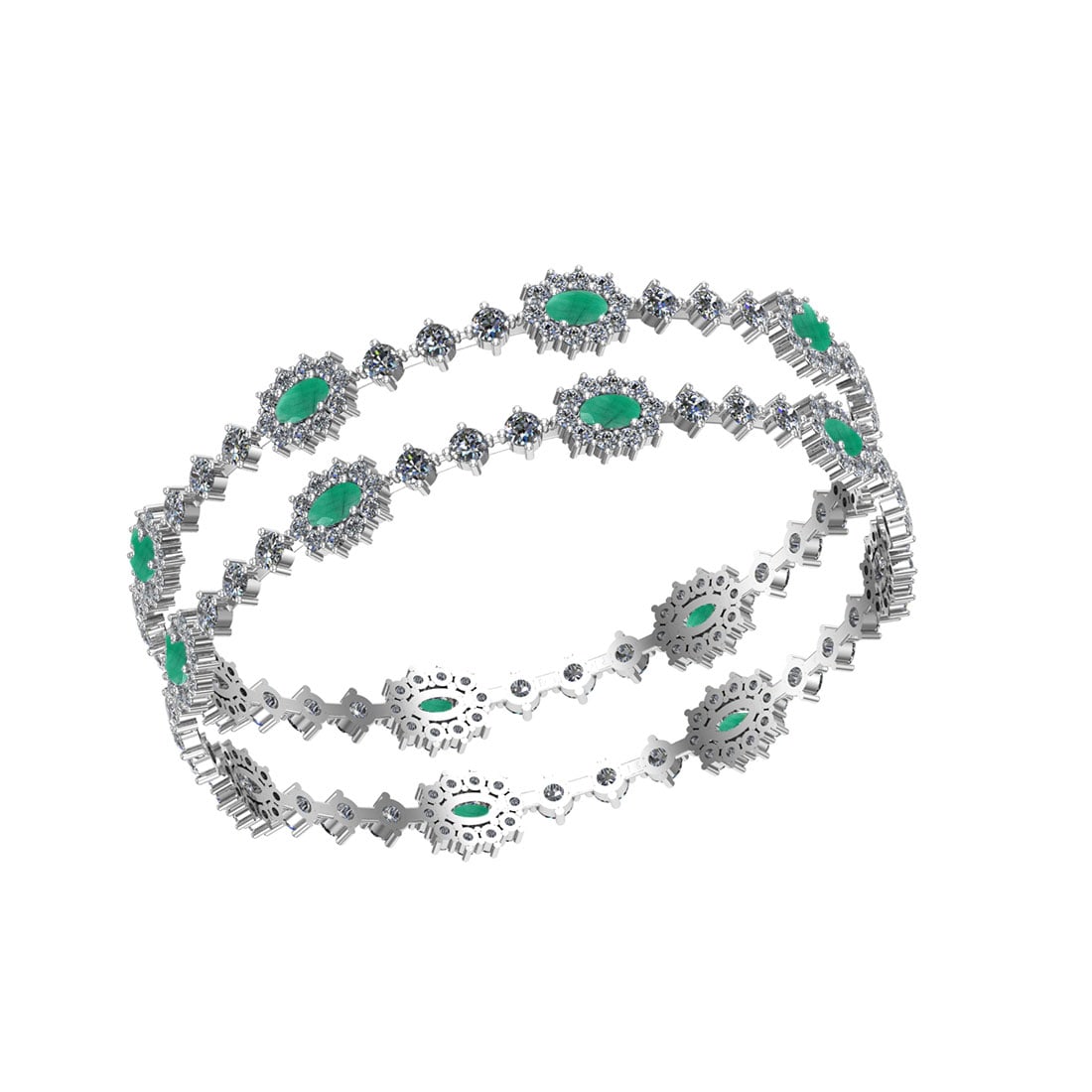 13.80 Ctw SI2/I1 Emerald And Diamond 14K White Gold Bangle