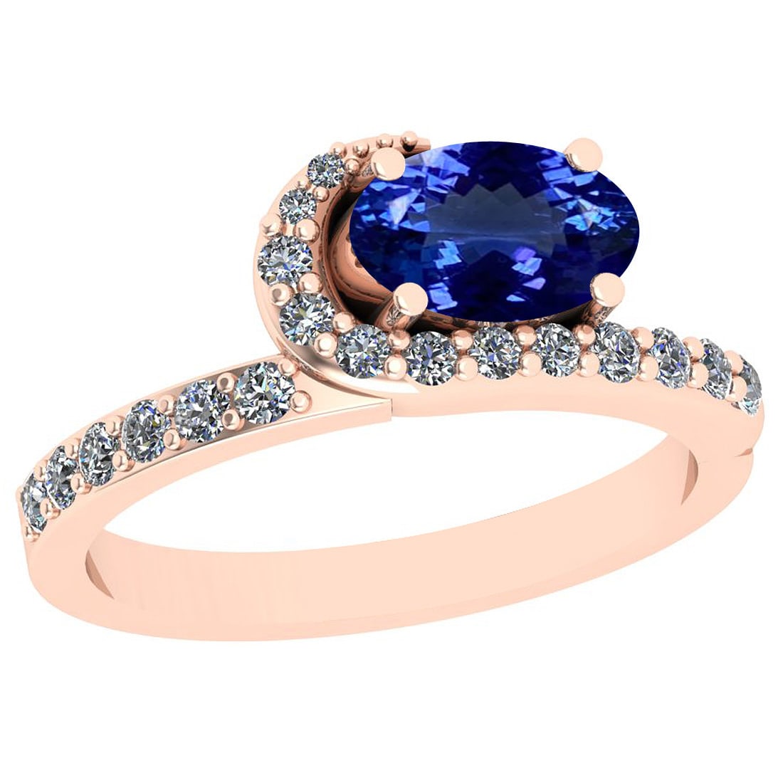 Certified 2.63 Ctw VS/SI1 Tanzanite And Diamond 14K Rose Gold Promises Ring: Center Stone Approx Weight: 2.32 Ctw (Oval Cut) Center Stone Color: Tanzanite Center Stone Setting: Prong Side Stone 0.31 Ctw Side Stone Color: J-K Stone Clarity: VS/SI1 Stone Setting: Prong Metal App