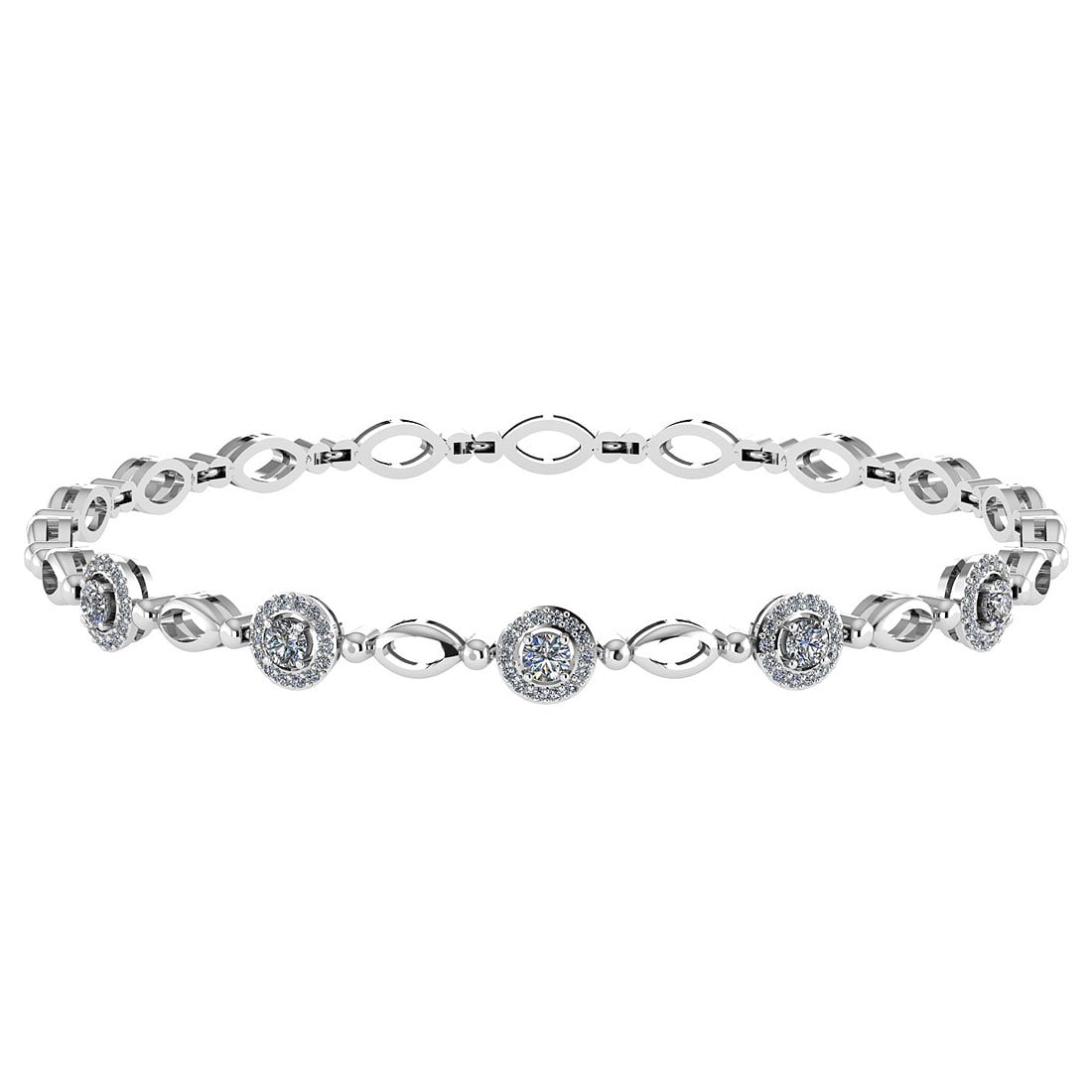 0.85 Ctw SI2/I1 Diamond Ladies Fashion 18K White Gold Tennis Bracelet: Center Stone Weight ; 0.50 Ctw ( Round Cut) Side Stone Weight : 0.35 Ctw ( Round Cut ) Diamond Stone Color : White J-KDiamond Stone Clarity : SI2/I1 Stone Setting : Prong Metal Weight : Approx 8.60 Gr