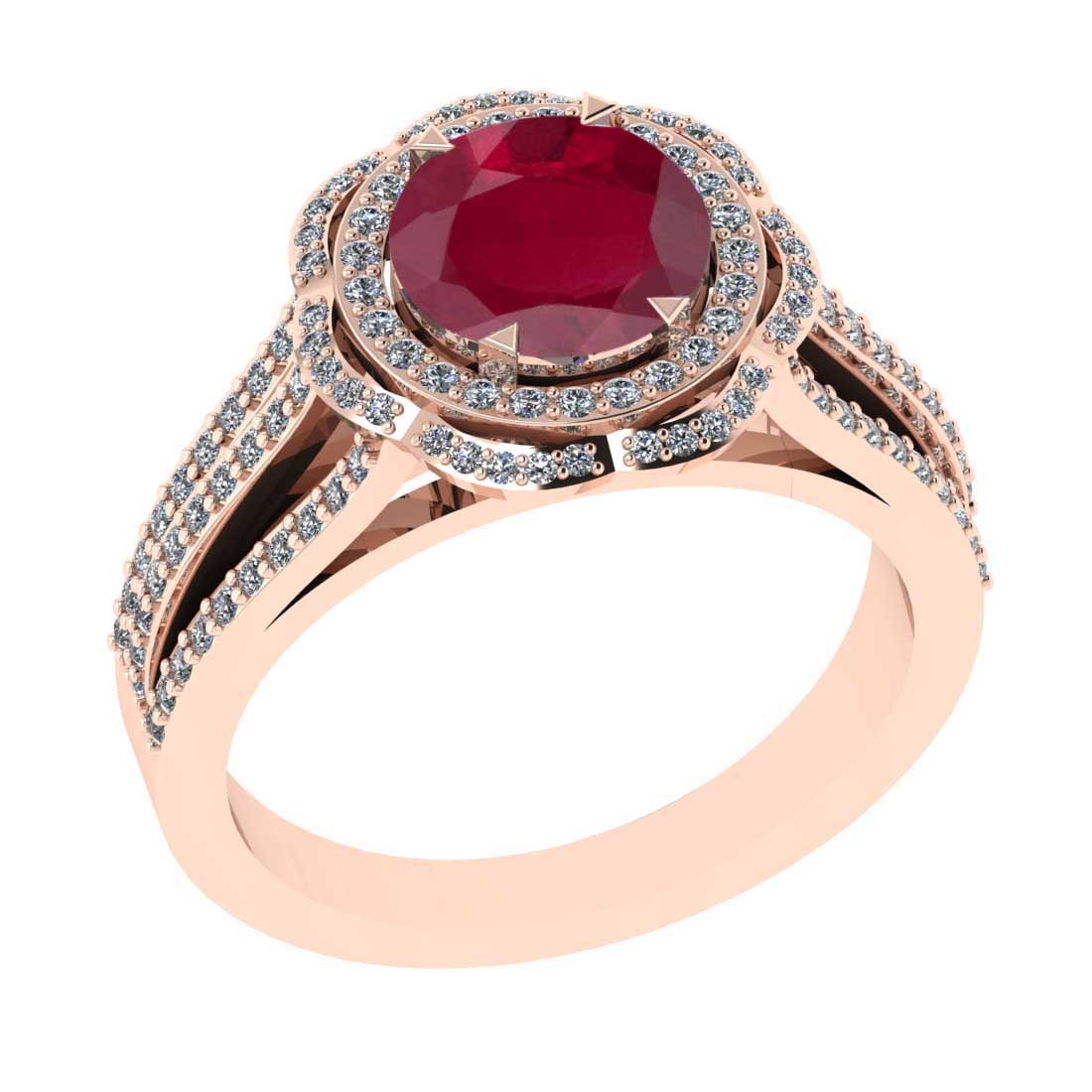 2.65 Ctw SI2/I1 Ruby and Diamond 14K Rose Gold Engagement Halo Ring: Center Stone Weight : 1.25 Ctw ( Round Cut) Center stone Color :-Ruby Setting : Prong Side Weight Of Ctw 1.40 Ctw Color : J-K Clarity : SI2/I1 Stone Setting : Prong Metal Weight : Approx 5.40 gram