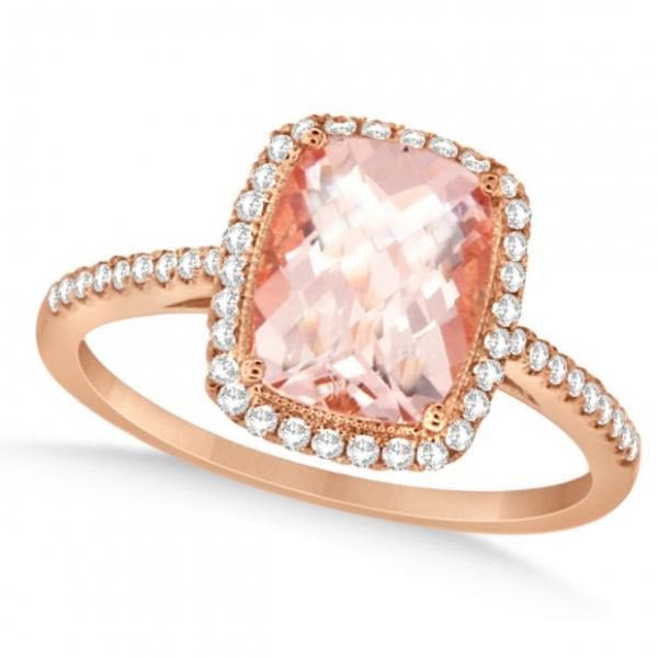 Cushion Cut Morganite and Diamond Halo Ring 14K Rose Gold 2.00ctw: CENTER STONE; Morganite CENTER STONE CLARITY; Eye Clean CENTER STONE COLOR; Pink-Brown CENTER STONE SETTING; Prong SIDE STONE CLARITY; SI SIDE STONE COLOR; J-K SIDE STONE SETTING; Prong ctw OF SIDE ST