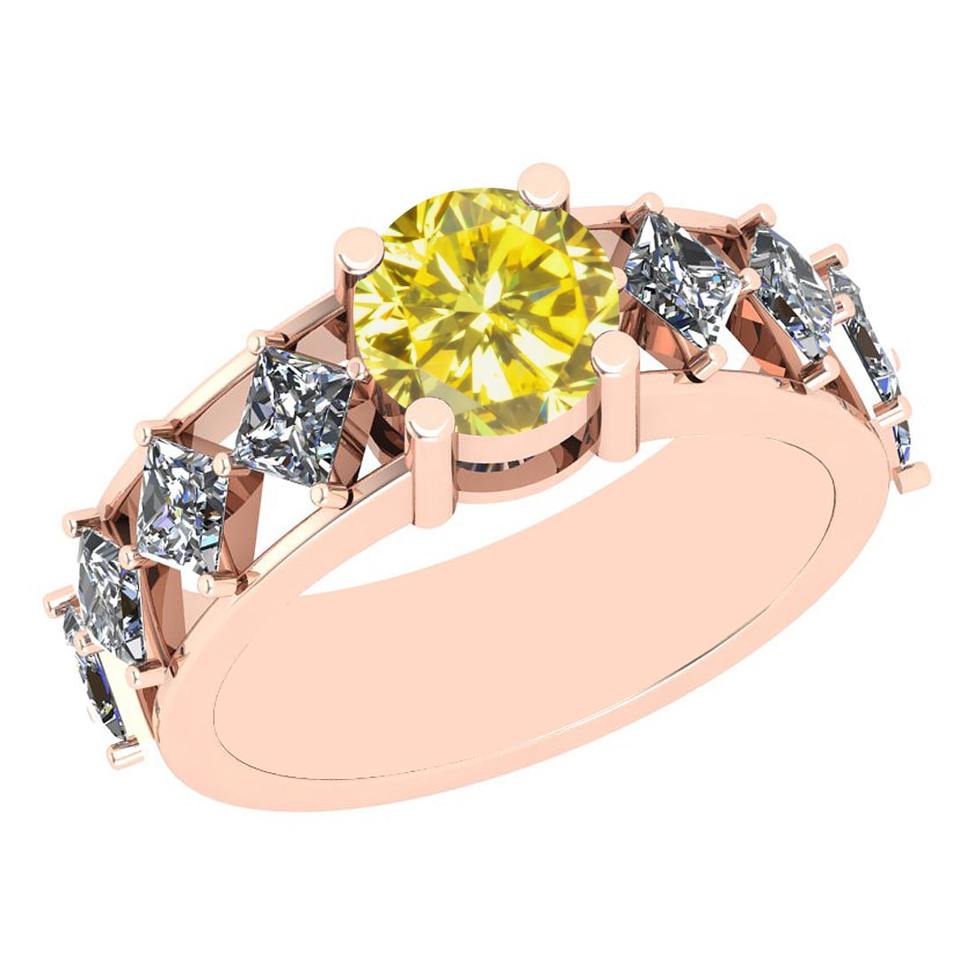 2.20 Ctw I2/I3 Treated Fancy Yellow And White Diamond 14K Rose Gold Ring: Center Diamond Weight : 1.00 Ctw ( Round Cut) Center Color :-Treated Fancy Yellow Diamond Center Stone Clarity :- I2/I3 Center Stone Setting : Prong Side Stone Weight Of Ctw 1.20 Ctw Side Stone Color 