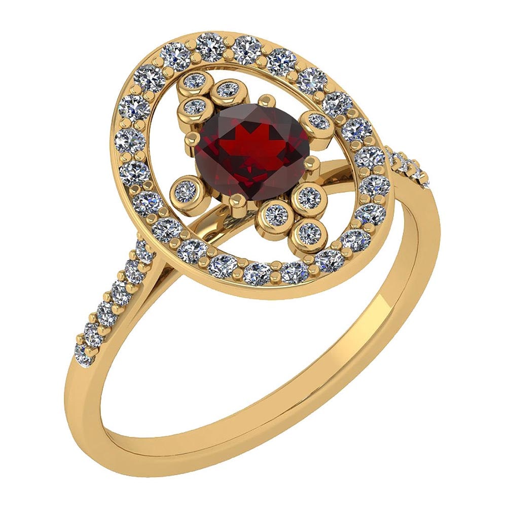 Certified 0.73 Ctw Garnet And Diamond Ladies Fashion Halo Ring 14k Yellow G: Center Stone Weight ; 0.45 Ctw (1 Pcs Round) Center Stone Color: Garnet Center Stone Setting ; Prong Side Stone (32 Pcs Round Cut Diamond) 0.28 ctw Side Stone Color: White G-H Diamond Side Stone Setti