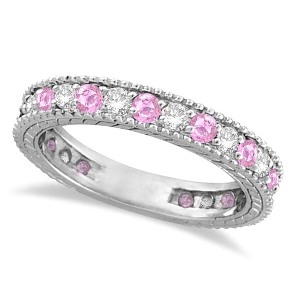 Diamond and Pink Sapphire Ring Anniversary Band 14k White Gold 1.08ctw: CENTER STONE; Sapphire CENTER STONE CLARITY; CENTER STONE COLOR; Pink CENTER STONE SETTING; Prong SIDE STONE CLARITY; SI1-SI2 SIDE STONE COLOR; J-K SIDE STONE SETTING; Prong ctw OF SIDE STONE: 0.5 SID