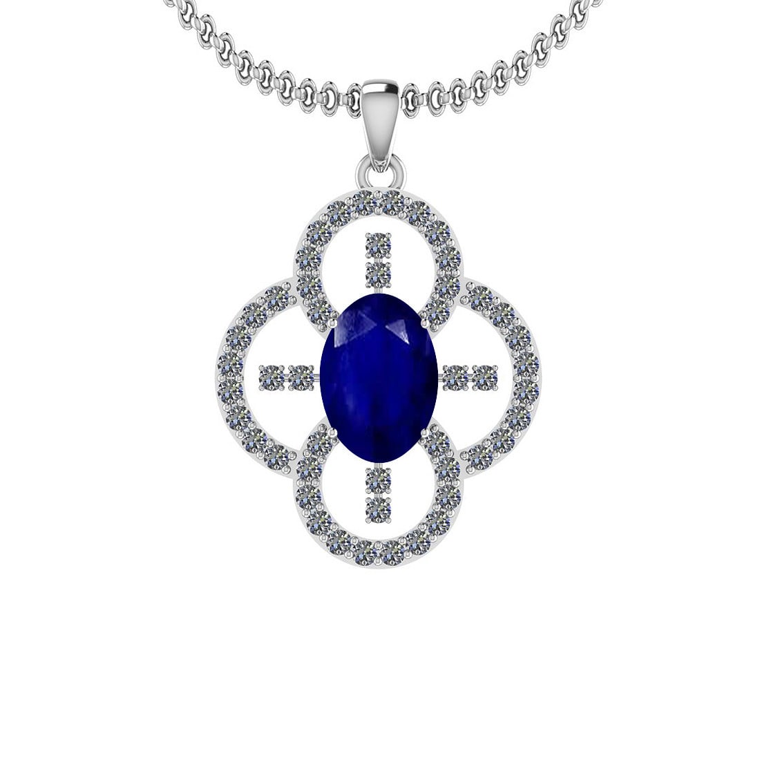 3.18 Ctw I2/I3 Blue Sapphire And Diamond 14K White Gold Necklace: Center Stone Weight : 2.50 Ctw (Oval Cut ) Center Stone Color : Blue Sapphire Center Stone Setting : Prong Side Stone Weight Of Ctw 0.68 Ctw Side Stone Color : J-K Stone Clarity : I2/I3 Stone Setting 