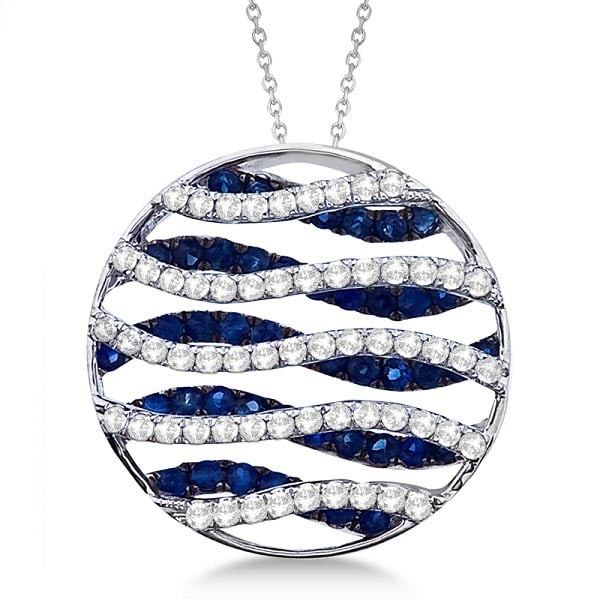 Circle Blue Sapphire and Diamond Pendant Necklace 14K White Gold 1.53ctw: CENTER STONE; Sapphire CENTER STONE CLARITY; CENTER STONE COLOR; Blue CENTER STONE SETTING; Prong SIDE STONE CLARITY; SI SIDE STONE COLOR; J-K SIDE STONE SETTING; Prong ctw OF SIDE STONE: 0.55 SIDE ST