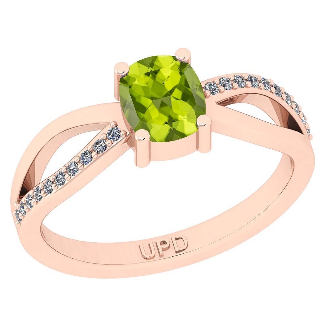 0.62 Ctw I2/I3 Peridot And Diamond 10K Rose Gold Ring: Color Stone Weight : 0.50 Ctw (Cushion Cut ) Center Stone Color : Peridot Center Stone Setting : Prong Side Stone Weight Of Ctw 0.12 Ctw Side Stone Color : G-H Stone Clarity : I2/I3 Stone Setting : Pr