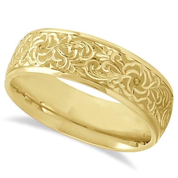 Hand-Engraved Flower Wedding Ring Wide Band 18k Yellow Gold 7mm (1 of 1)