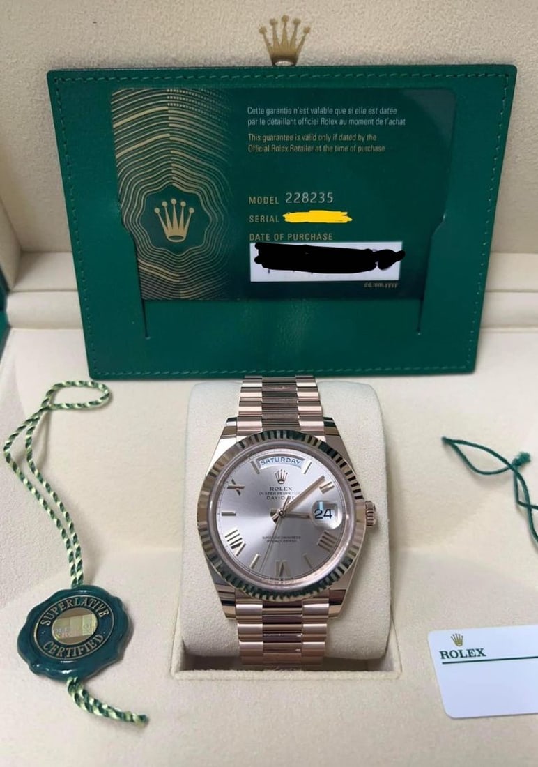 Rolex Day-Date 40mm Rose Gold Sundust Roman Dial Ref 228235 Comes with Box: Rolex Day-Date 40mm Rose Gold Sundust Roman Dial Ref 228235 Comes with Box and Papers #PAPPS12668v8