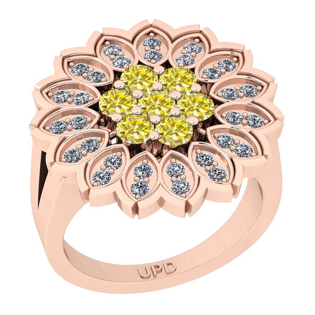 0.94 Ctw i2/i3 Treated Fancy Yellow and White Diamond 14K Rose Gold Flower: Color Stone Weight : 0.70 Ctw ( Round cut) Center Stone Color : Treated Fancy Yellow Diamond Center Clarity : i2/i3 Center Stone Setting : Prong Side Stone Weight Of Ctw 0.24 Ctw Side Stone Color :
