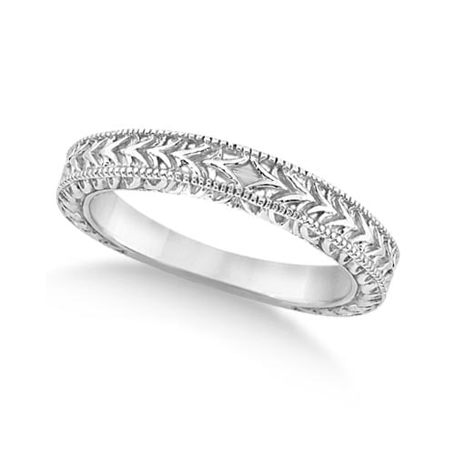 Antique style Engraved Wedding Band w/ Filigree and Milgrain 14k White Gold