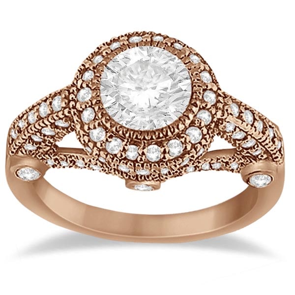 Vintage Style Diamond Halo Art Deco Engagement Ring 18k Rose Gold 1.97ctw: CENTER STONE; DIAMOND (1.00CTW) CENTER STONE CLARITY; SI1-SI2 CENTER STONE COLOR; J-K CENTER STONE SETTING; SIDE STONE CLARITY; SI1-SI2,SI1-SI2 SIDE STONE COLOR; J-K,J-K SIDE STONE SETTING;