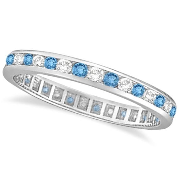 Blue Topaz and Diamond Channel-Set Eternity Ring 14k White Gold 1.00ctw: CENTER STONE; Topaz CENTER STONE CLARITY; CENTER STONE COLOR; Blue CENTER STONE SETTING; Channel SIDE STONE CLARITY; SI SIDE STONE COLOR; J-K SIDE STONE SETTING; Channel ctw OF SIDE STONE: 0.5 SIDE