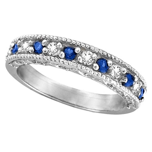 Blue Sapphire and Diamond Ring Anniversary Band 14k White Gold 0.30ctw: CENTER STONE; Sapphire CENTER STONE CLARITY; CENTER STONE COLOR; Blue CENTER STONE SETTING; Prong SIDE STONE CLARITY; SI SIDE STONE COLOR; J-K SIDE STONE SETTING; Prong ctw OF SIDE STONE: 0.12 SIDE ST