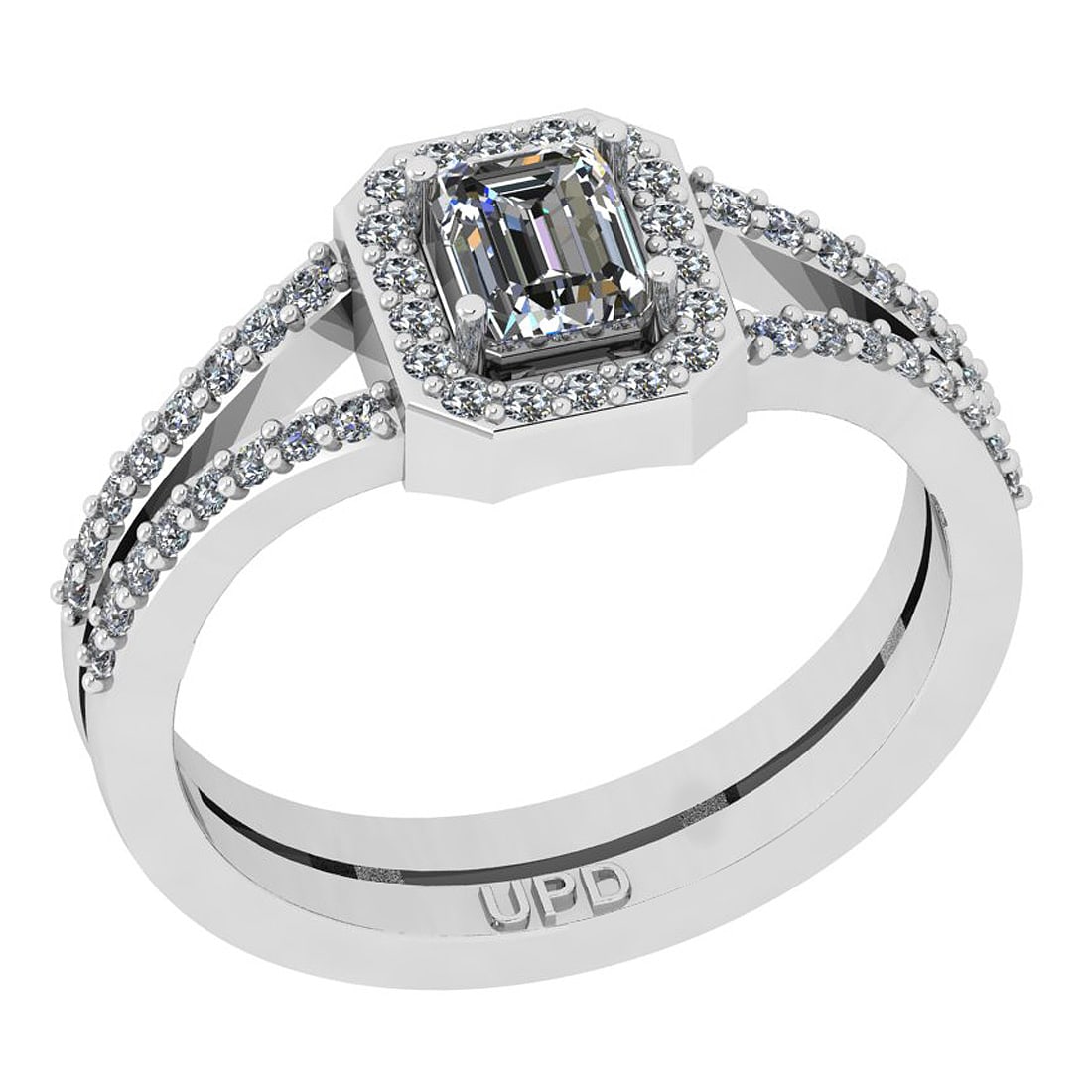 0.80 ctw GIA Certified Center StoneDiamond 14K White Gold Engagement Halo R: Center Diamond Weight :-0.50 Ctw (Emerald Cut) GIA Certified Center StoneCenter Color :- I-J Stone Clarity : SI2/I1 Stone Setting : Prong Side Stone Weight Of Ctw 0.30 ctw Side Stone Color : I-J Stone