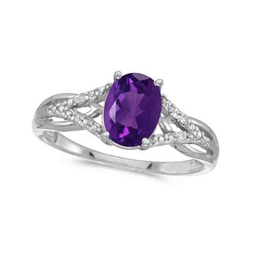 Oval Amethyst and Diamond Cocktail Ring 14K White Gold 1.20 ctw: CENTER STONE; Amethyst CENTER STONE CLARITY; CENTER STONE COLOR; CENTER STONE SETTING; Prong SIDE STONE CLARITY; SI SIDE STONE COLOR; I-J SIDE STONE SETTING; Prong ctw OF SIDE STONE: 0.02 SIDE STONE Q