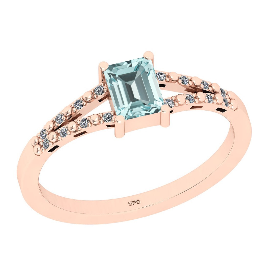 0.60 Ctw SI2/I1 Aquamarine And Diamond 14k Rose Gold Ring: Center Stone Weight : 0.53 Ctw (Emerlald Oct Cut) Center Stone Color :-Aquamarine Center Stone Setting : Prong Side Stone Weight Of Ctw 0.07 Ctw Side Stone Color : J-K Stone Clarity : SI2/I1 Stone Set