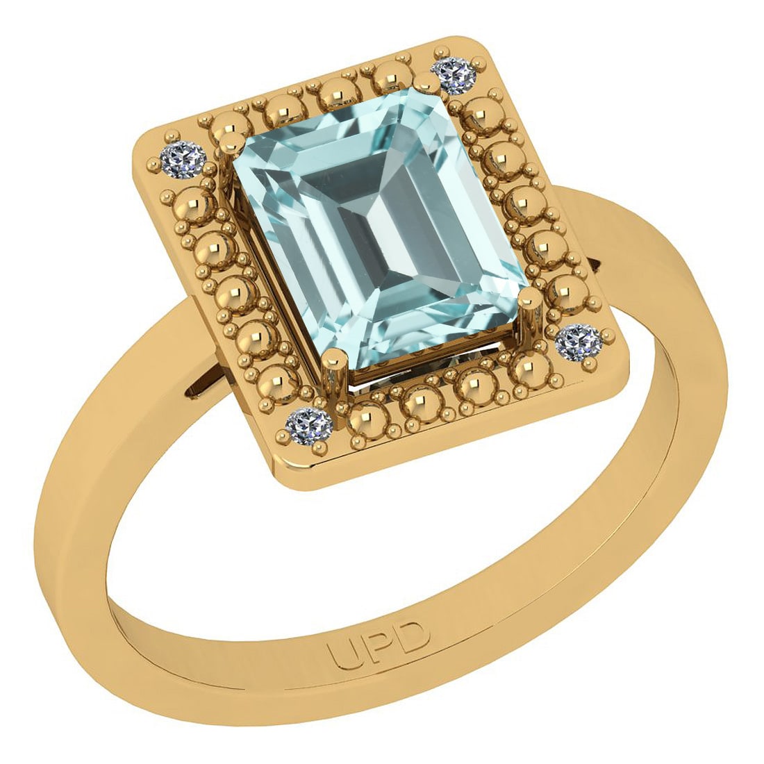 2.21 Ctw SI2/I1 Aquamarine And Diamond 14K Yellow Gold Ring: Center Stone Weight : 2.17 Ctw (Emerlad Octo) Center Stone Color :-Aquamarine Center Stone Setting : Prong Side Stone Weight Of Ctw 0.04 Ctw Side Stone Color : J-K Stone Clarity : SI2/I1 Stone Setting