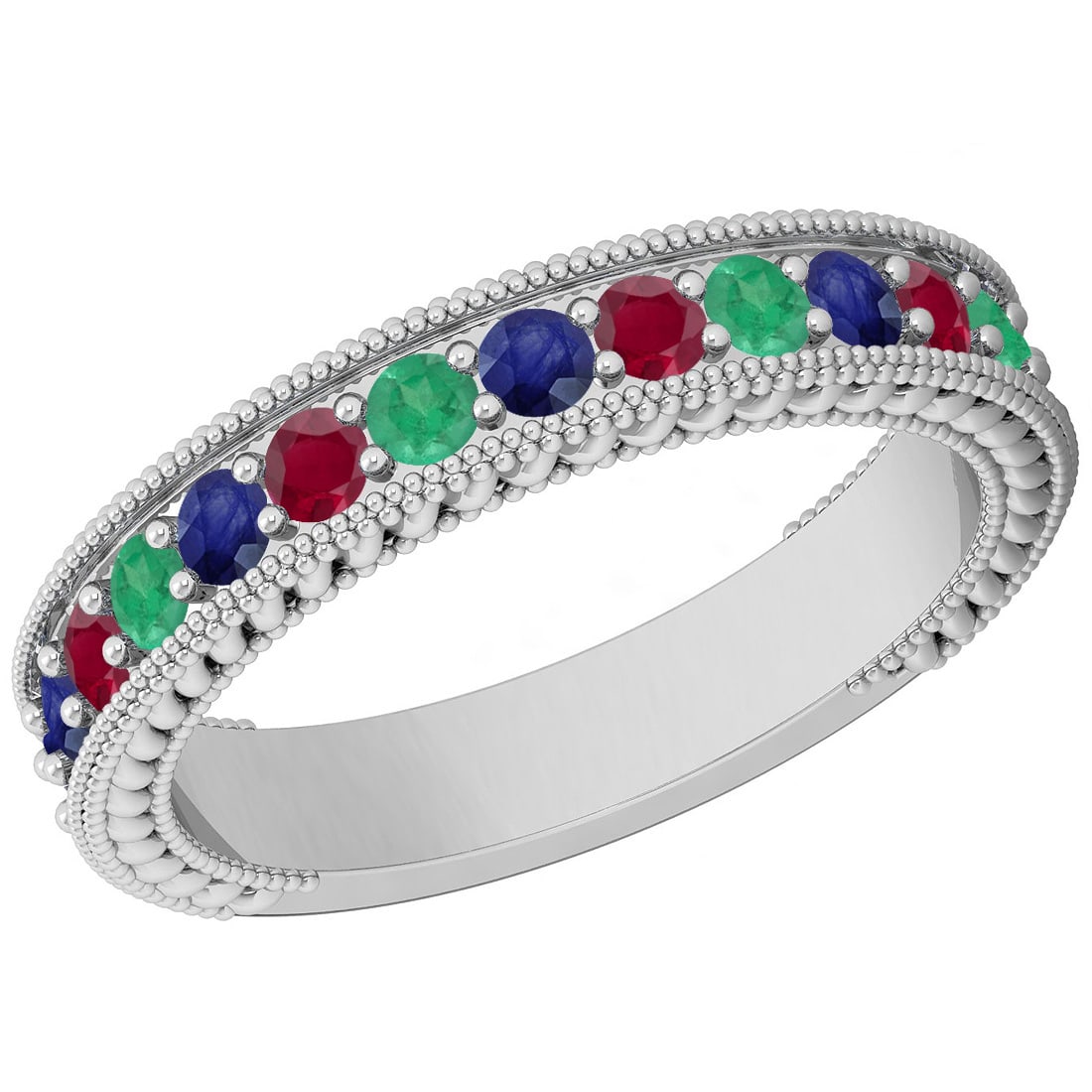 Certified 0.98 Ctw Multi Emerald,Ruby,Sapphire 14K White Gold Filigree Styl